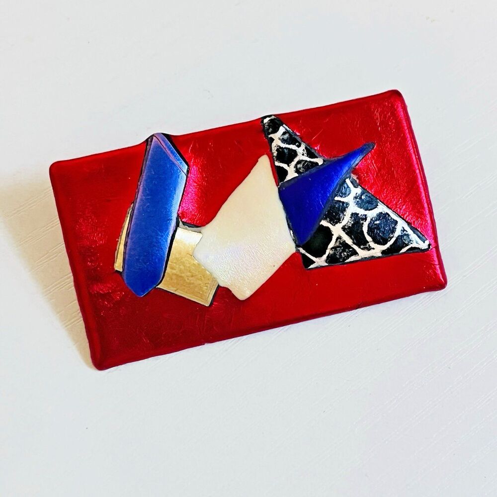 Handmade 2.5x1.5" Artisan Brooch Abstract Red Blue Black Modernist Statement Pin